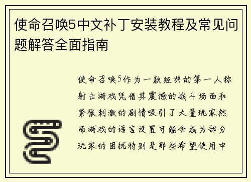 使命召唤5中文补丁安装教程及常见问题解答全面指南